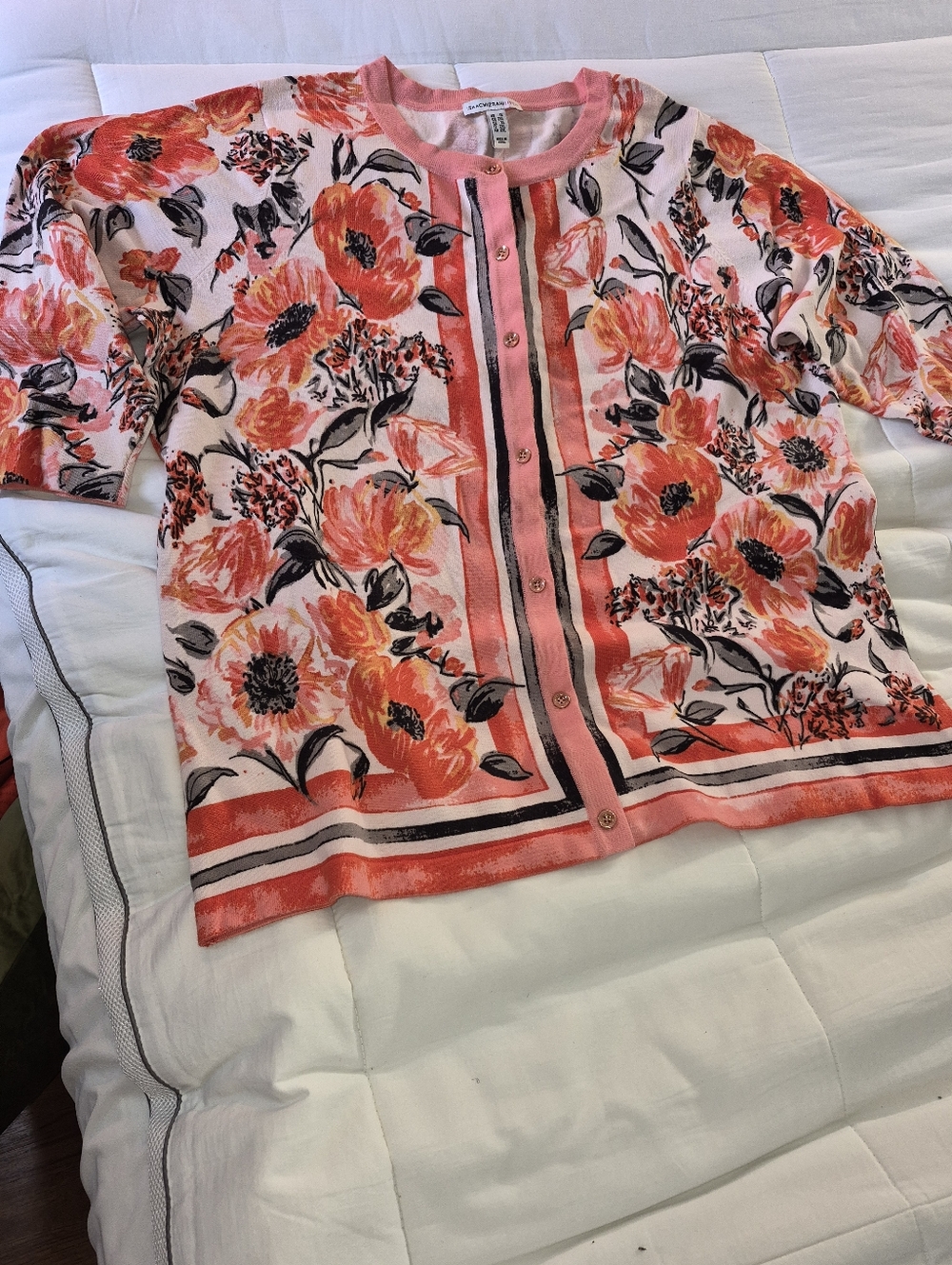Floral Pink Orange Button-Up Cardigan